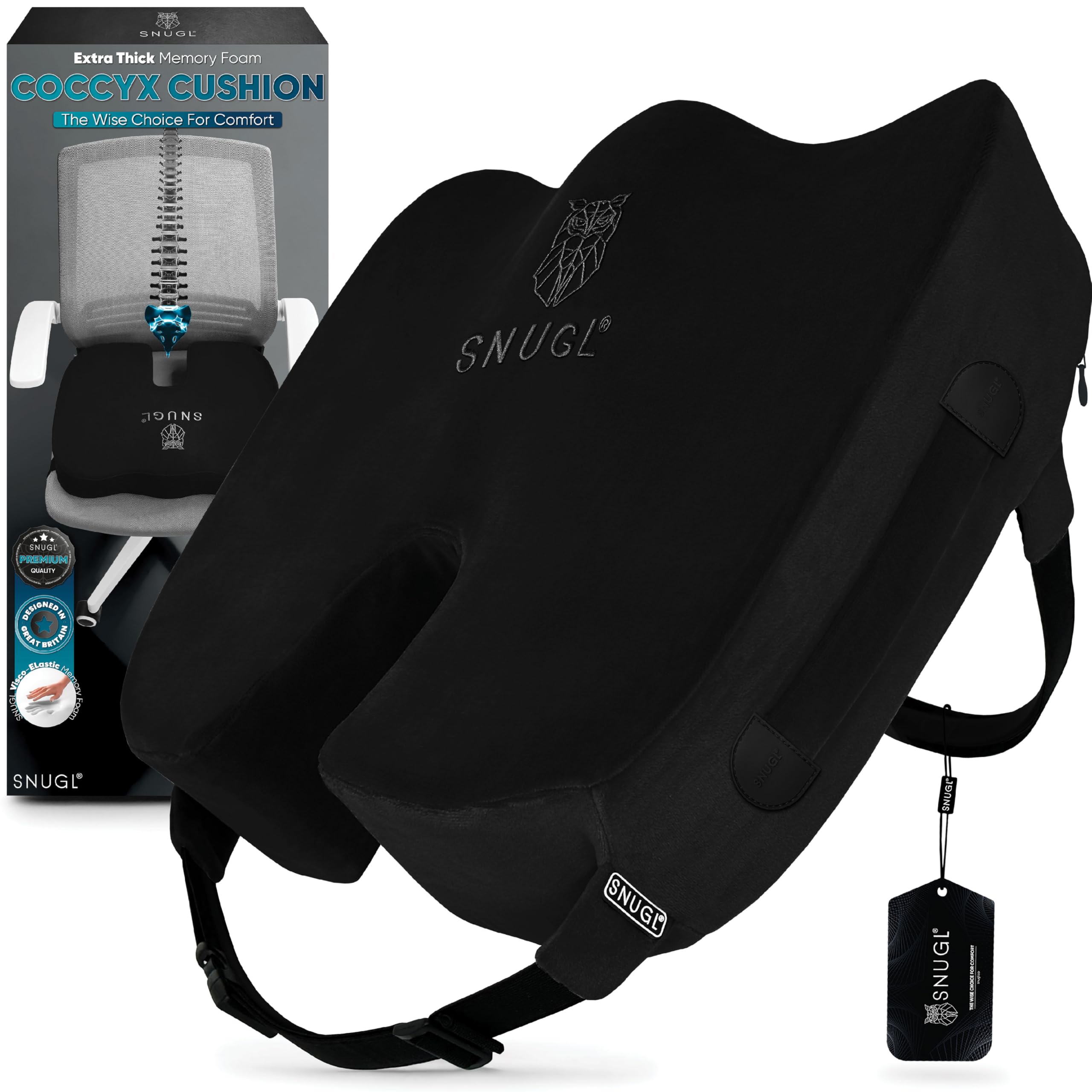 SNUGL Coccyx Seat Cushion – Orthopedic Memory Foam Pillow for Desk Chair, Gaming, Wheelchair, Car Seat, Postpartum & Pregnancy, Hemorrhoids Treatment, Ergonomic Office Chair Back Support