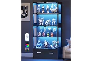 Lamtor Display Cabinet with Glass Doors - 67" Curio Cabinet for Collectibles with RGB LED Lights and 2 Drawers, 4 Tier Glass Display Case for Living Room, Office, Black