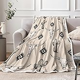 Western Boho Beige Throw Blanket, Bohemian Geometric Southwestern Bull Skull Warm and Cozy Fleece Throw Blanket for Bed, Couch, Native Aztec Tribal Cactus Farmhouse Travel Camping Blanket, 50X60in