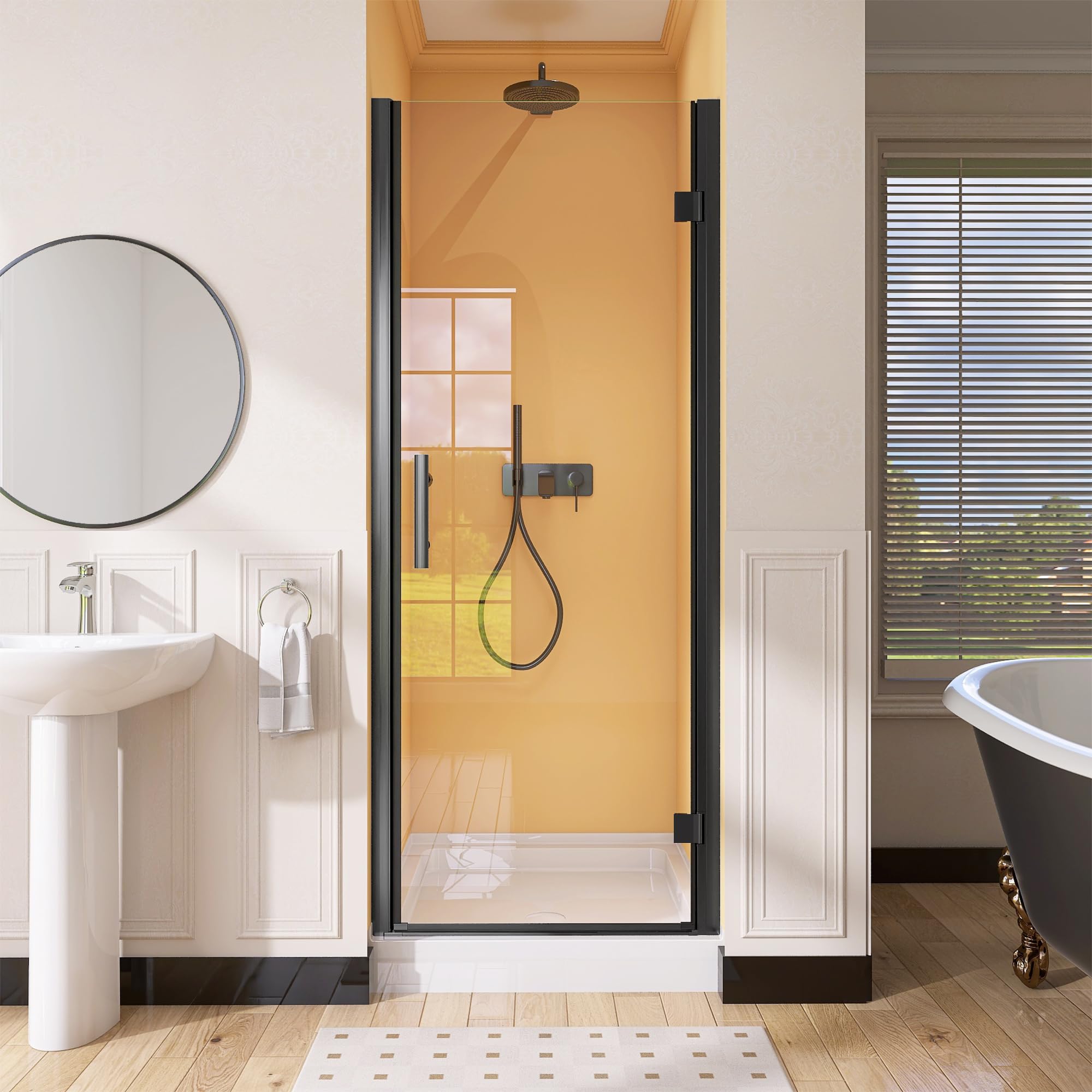 Photo 1 of **FACTOR SEALED** GETPRO Pivot Shower Door Hinged Frameless 32 in. W x 72 in. H Swing Single Small Shower Door 1/4 inch Tempered Glass Panel Adjustable Right Hinged Bathroom Door for Shower Matte Black Hardwares