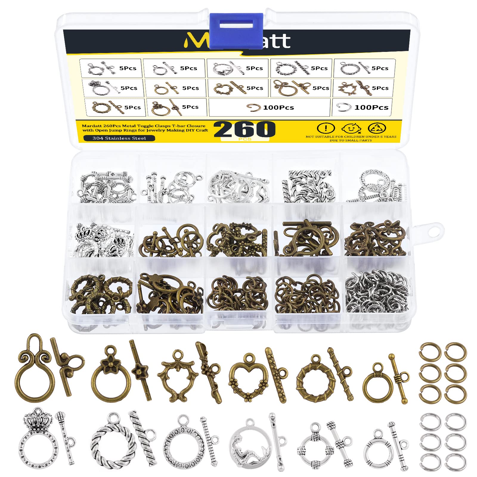 Mardatt 320Pcs 12 Styles Alloy Toggle Clasp Set with Jump Rings, Flower/Heart/Butterfly/Twist Ring/Fish Toggle Bracelet Clasps T-Bar Closure Connectors Tibetan Style for Jewelry Pendant Making