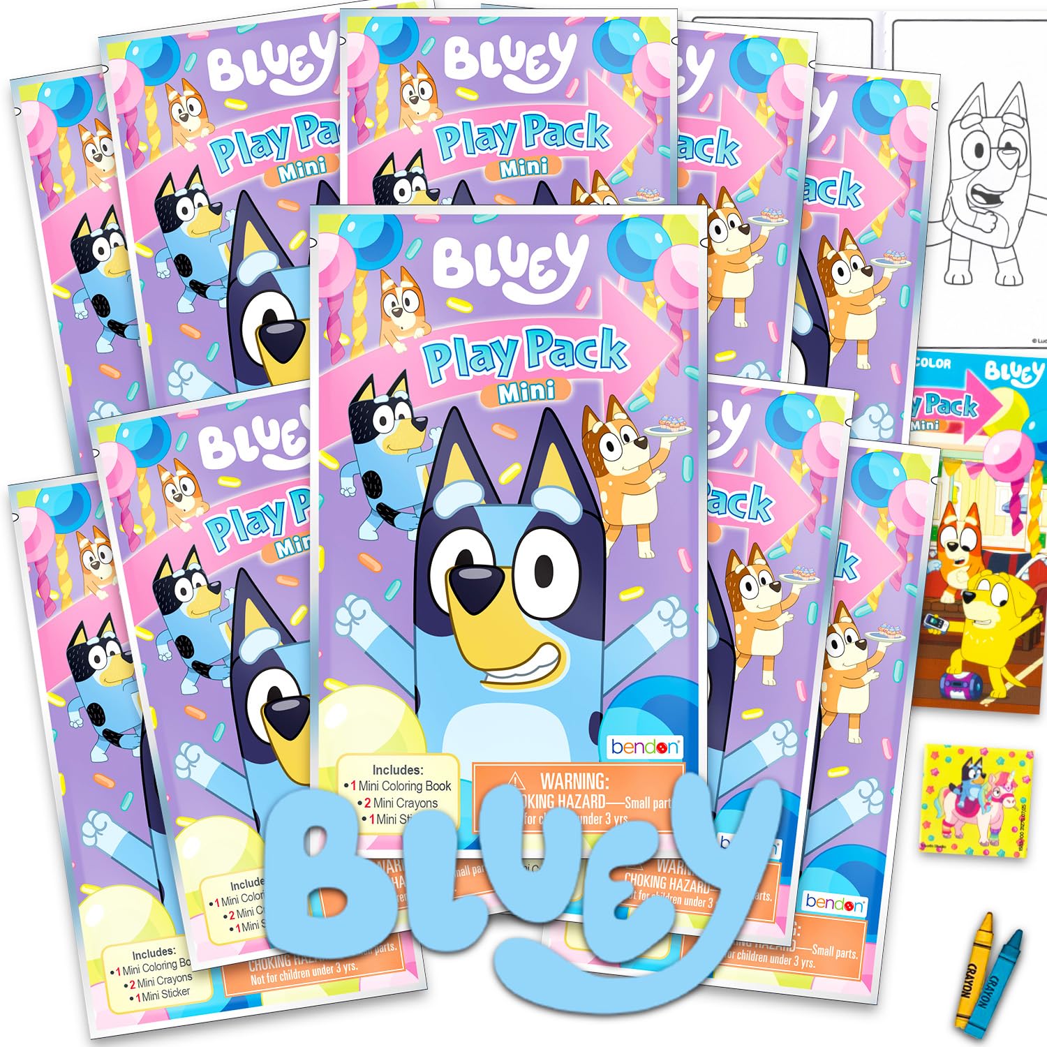Bluey Play Packs | Goodie Bag Loot Bag Fillers | Party Favors | 10 Mini Play Packs | Bluey Coloring Pad, 2 Mini Crayons, and Sticker | 10-Pack | Officially Licensed