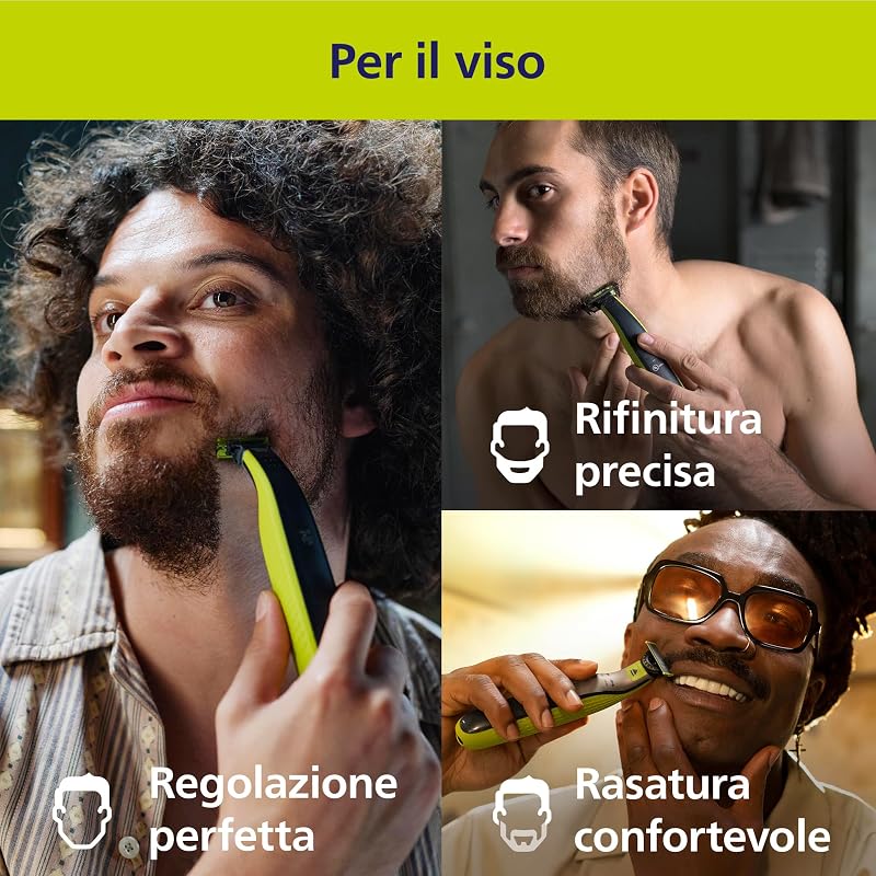 OneBlade QP2834/31 - Regolabarba elettrico 360 autentico, per viso e corpo, 3 lame da 360, 4 pettini per barba (1, 2, 3, 5 mm), 1 kit per il corpo