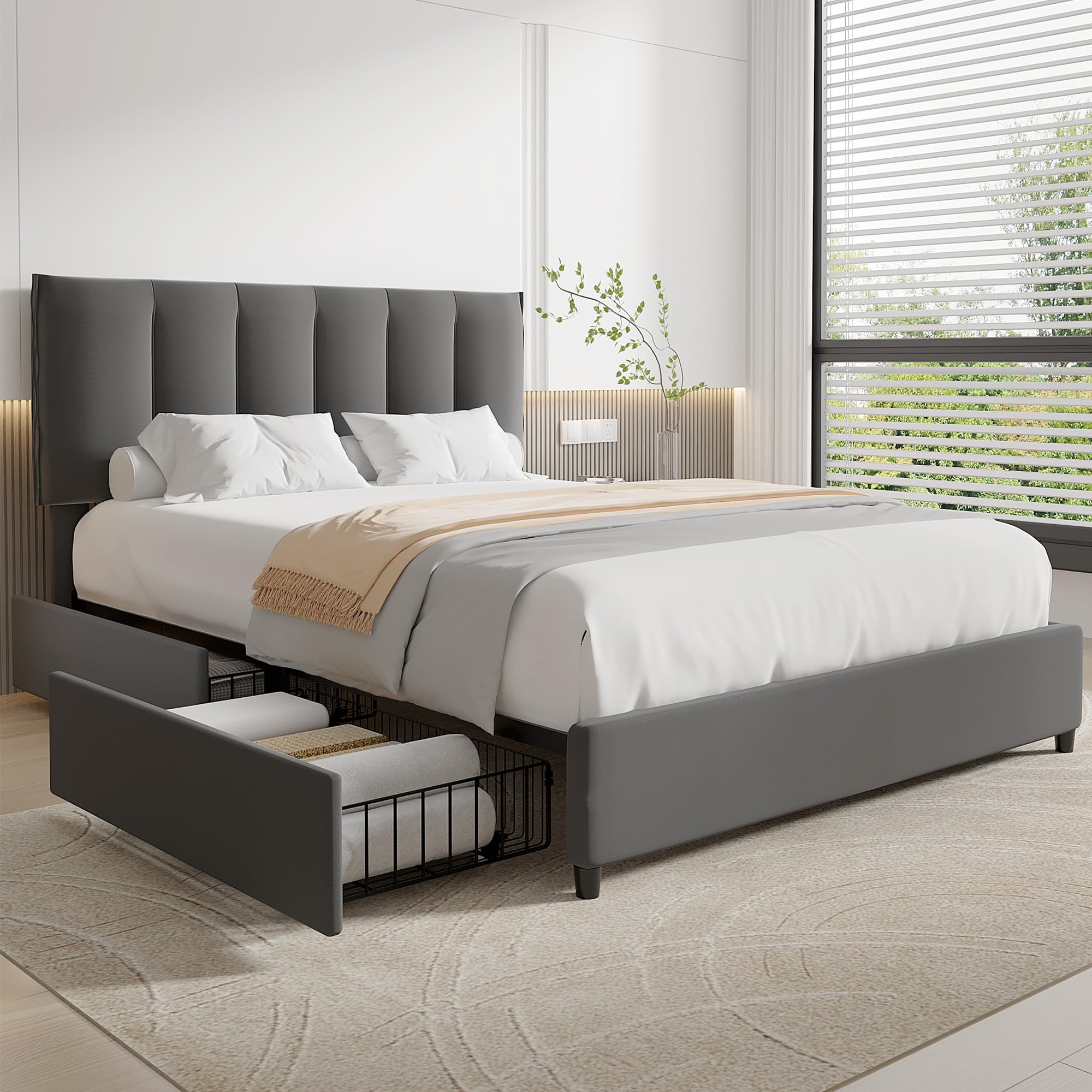 VECELO Queen Upholstered Bed Frame with 4 Storage Drawers and ...