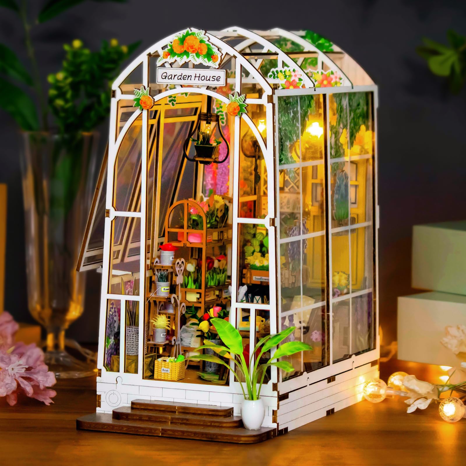 OSDUE DIY Miniature Doll House Kits,Wooden Gardenhouse,3D Greenhouse Kit with Furniture and LED Lights for Adults to Build,Birthday Gift for Women and Girls