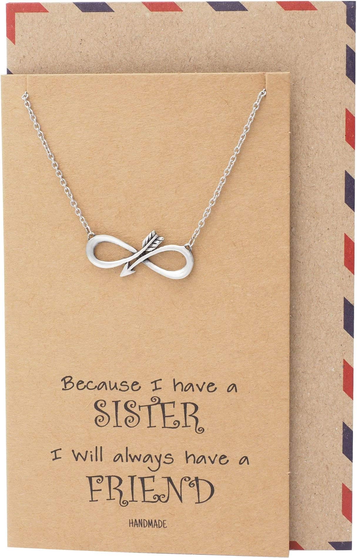 quan jewelrySister Infinity Arrow Pendant Necklace with Inspirational Quote on Greeting Card, Friendship Friends Forever Siblings Day Gift in Adjustable Stainless Steel Chain