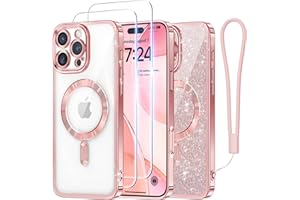 Meifigno Case Designed for iPhone 16 Pro 6.3 Inch, [Compatible with MagSafe] [2X Screen Protectors] [Glitter Card & Wrist Strap] Surround Lens Protection Designed for iPhone 16 Pro Case, Rose Gold