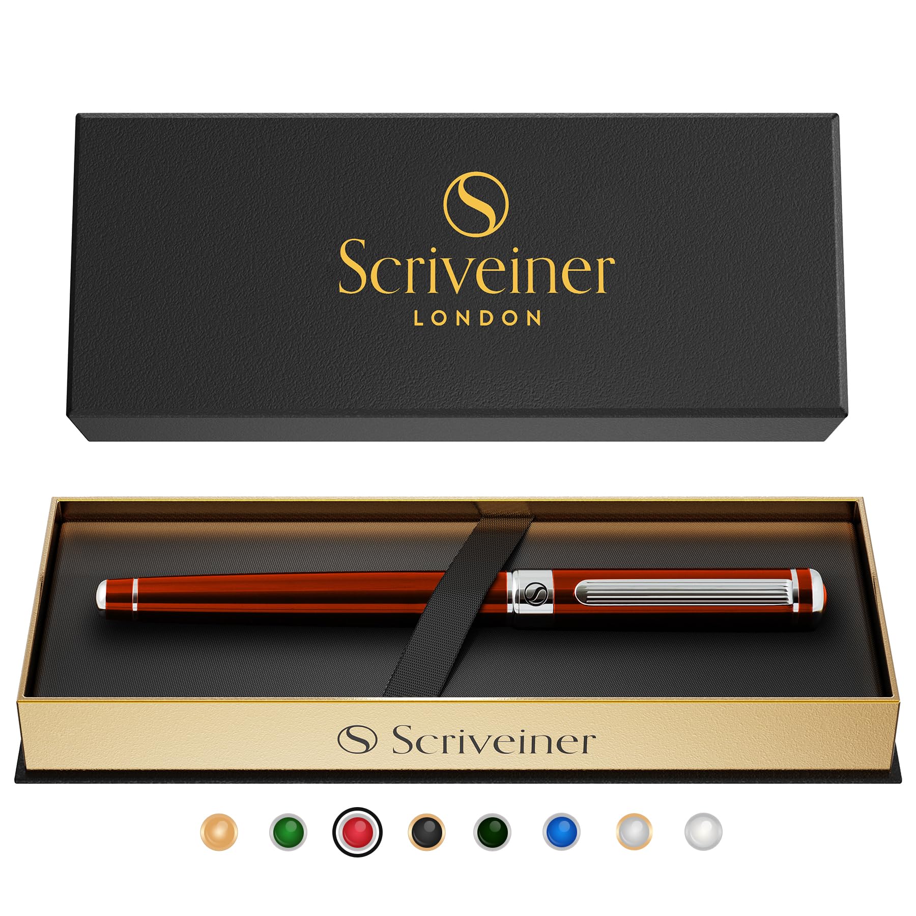 Scriveiner Crimson Red Rollerball Pen - Multi Award Winning Luxury Rollerball with Chrome Trim & Schmidt Refill, Quality Executive Writing Pen for the Office, Journaling or Gift Set for Men & Women