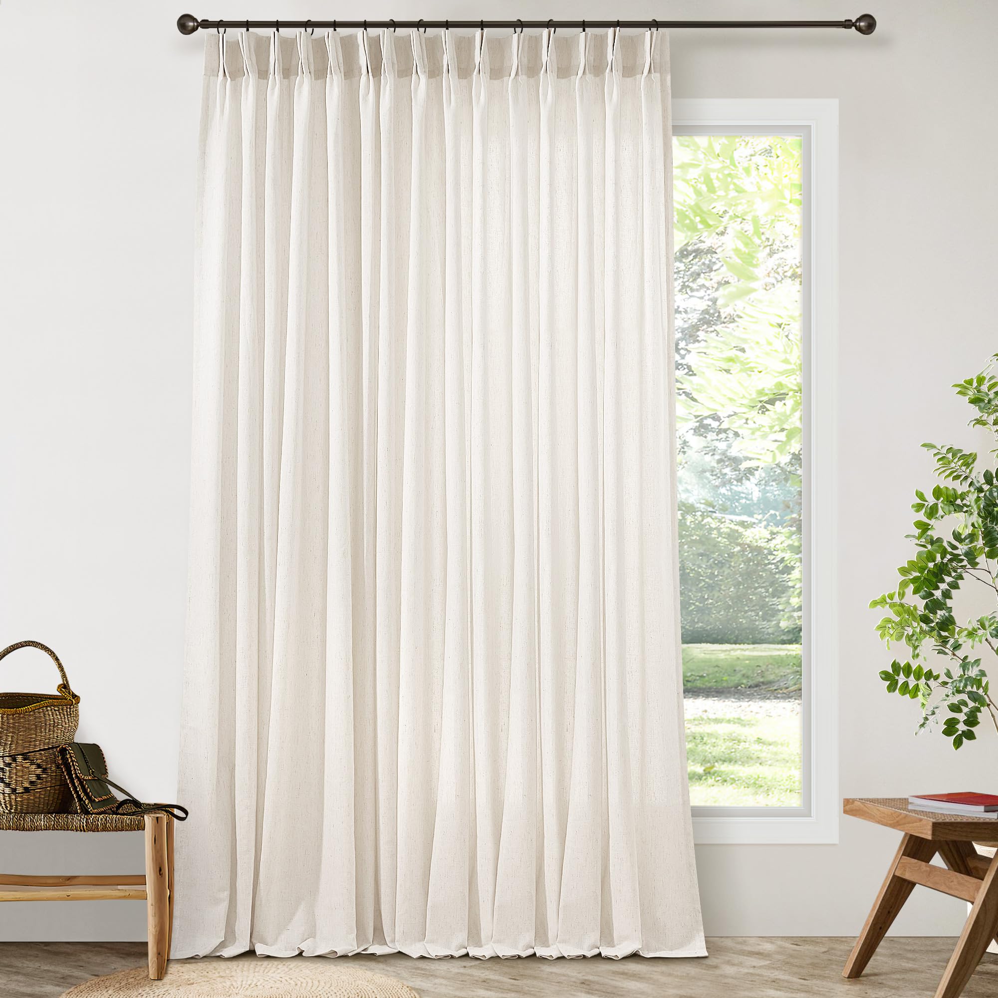 Photo 1 of Pinch Pleat Linen Sheer Curtains 90 Inches Long 100 Inch Wide for Patio Sliding Door Light Filtering Semi Sheer Pleated Drapes Back Tab Cream Ivory Extra Wide 100 x 90 Curtain for Living Dining Room