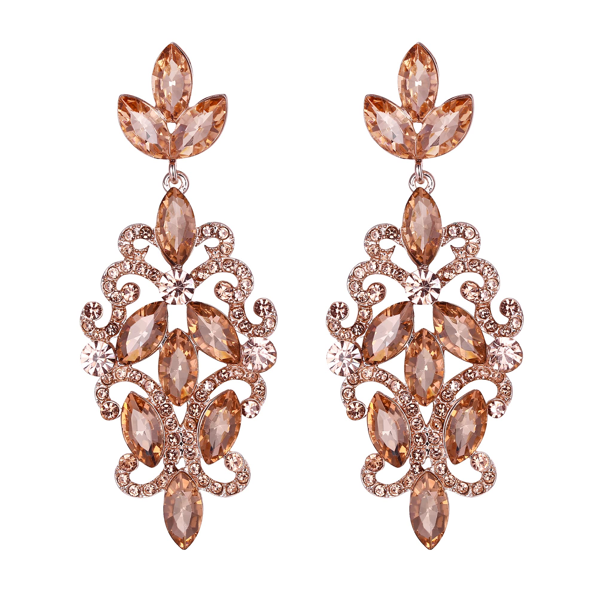 Clearine Wedding Dangle Earrings for Bride Crystal Marquise Butterfly Leaf Chandelier Filigree Cluster Peach Rose Gold-Tone