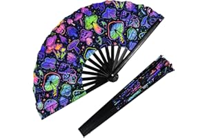 Jeyeou Rave Folding Fan, Large Rave Clack Folding Hand Fan UV Glow Popping Handheld Foldable Silk Fan for Music Party Drag Queene Dance Performance Decoration Gift