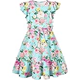 Funnycokid Girls Ruffle Sleeve Dress Kids Summer Clothes Flutter Hem Sundress Outfit with Belt 6-13 Years