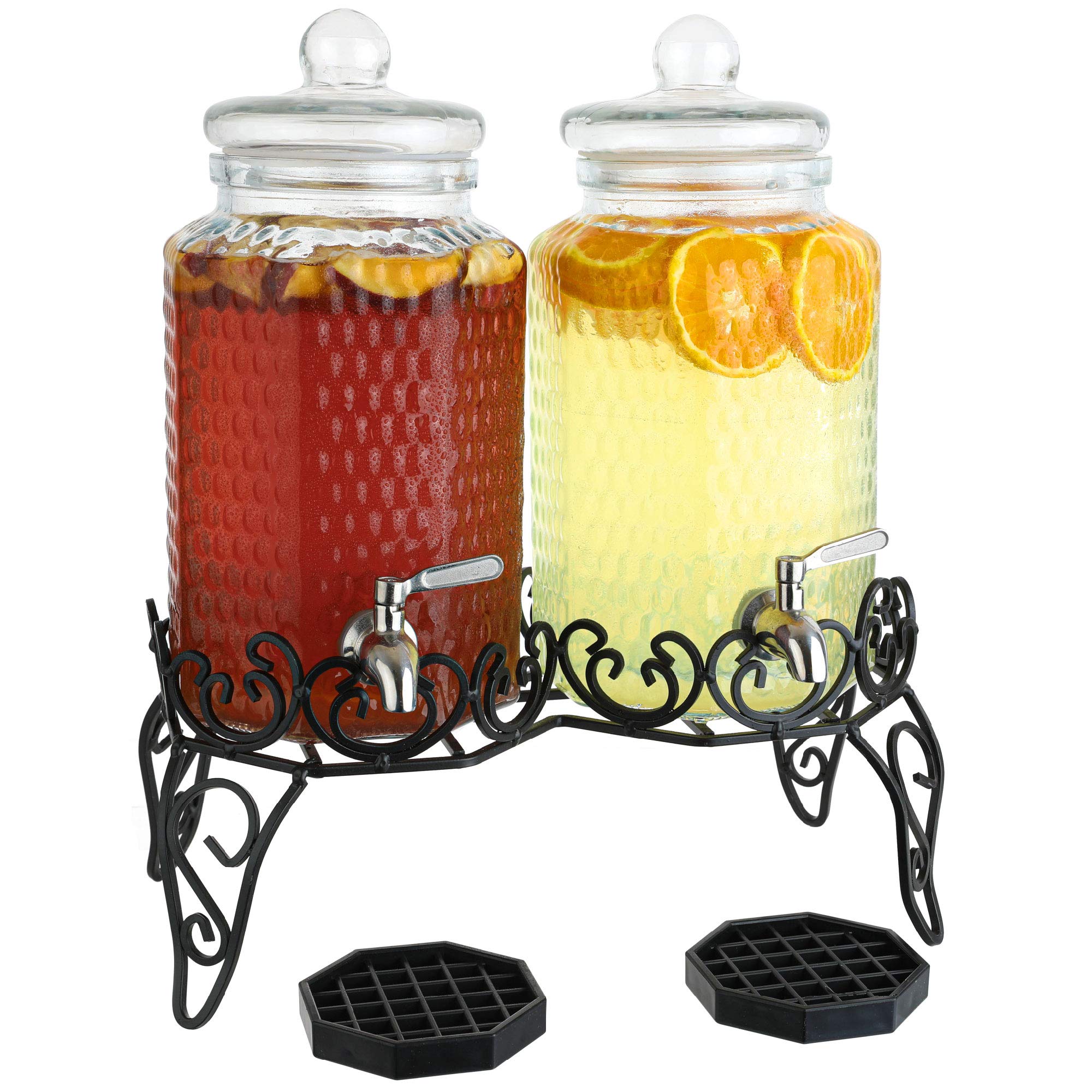 Dual Gallon Glass Beverage Dispensers with Decorative Metal Stand, Stainless Steel Spigot, Drips Trays - Double Drink Dispenser Station for Parties, Weddings and Holidays