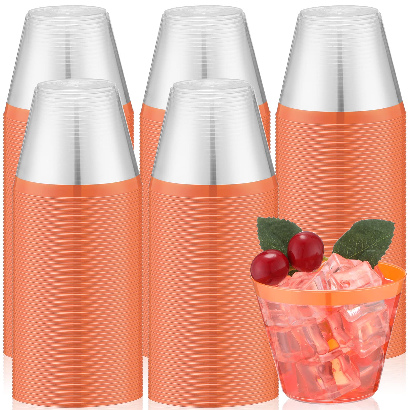 Photo 1 of Lounsweer 100 Pcs 9oz Rimmed Plastic Cups Wedding Clear Cocktail Cups Heavy Duty Disposable Wine Glasses for Birthday Bridal Shower Baby Shower Holiday Celebrations(Orange)