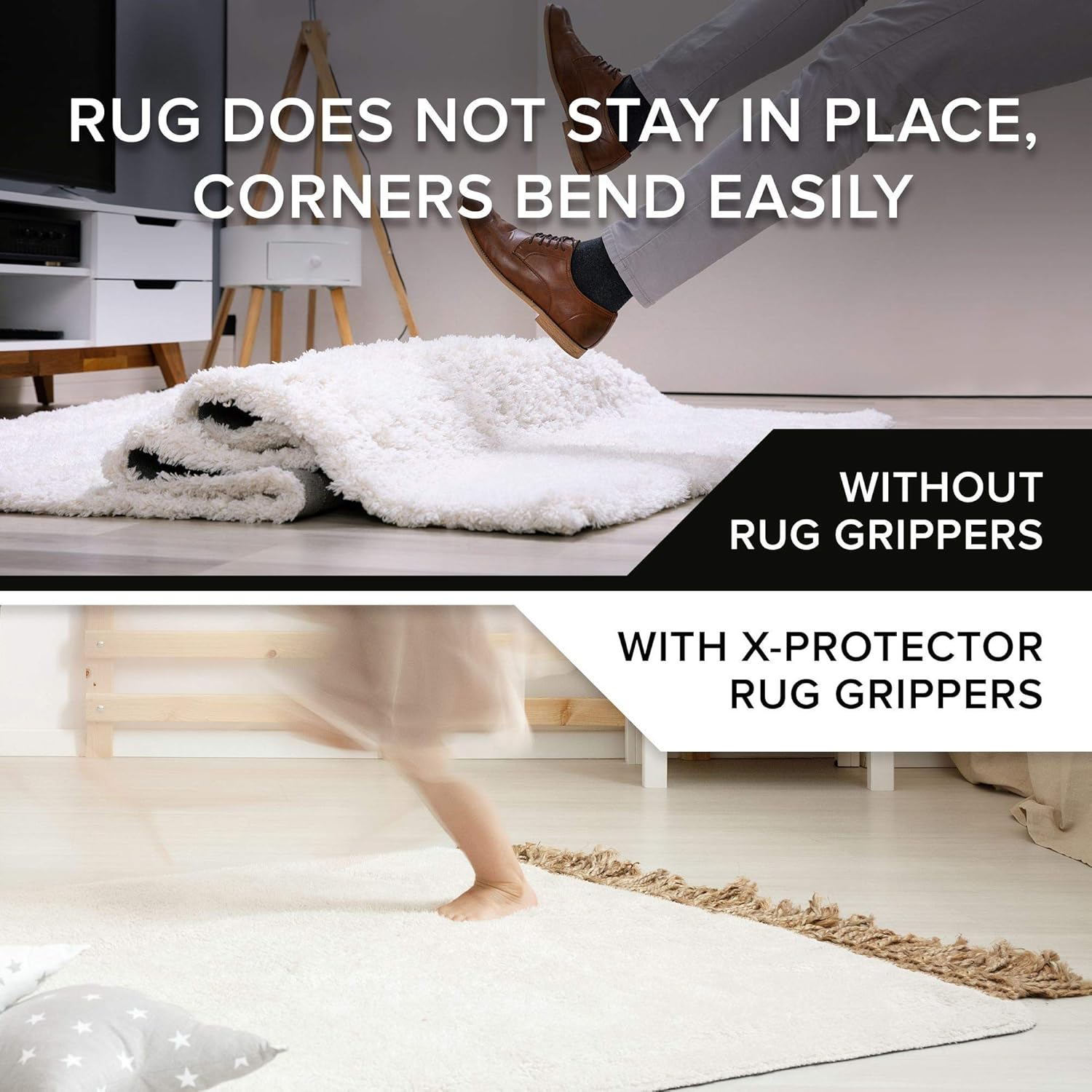 X-Protector Rug Grippers Best 4 pcs Anti Curling Rug Gripper - Keeps Your Rug in Place & Makes Corners Flat -Triangle Carpet Gripper with Renewable Carpet Tape – Ideal Non Slip Rug Pad for Your Rug!: Furniture & Decor