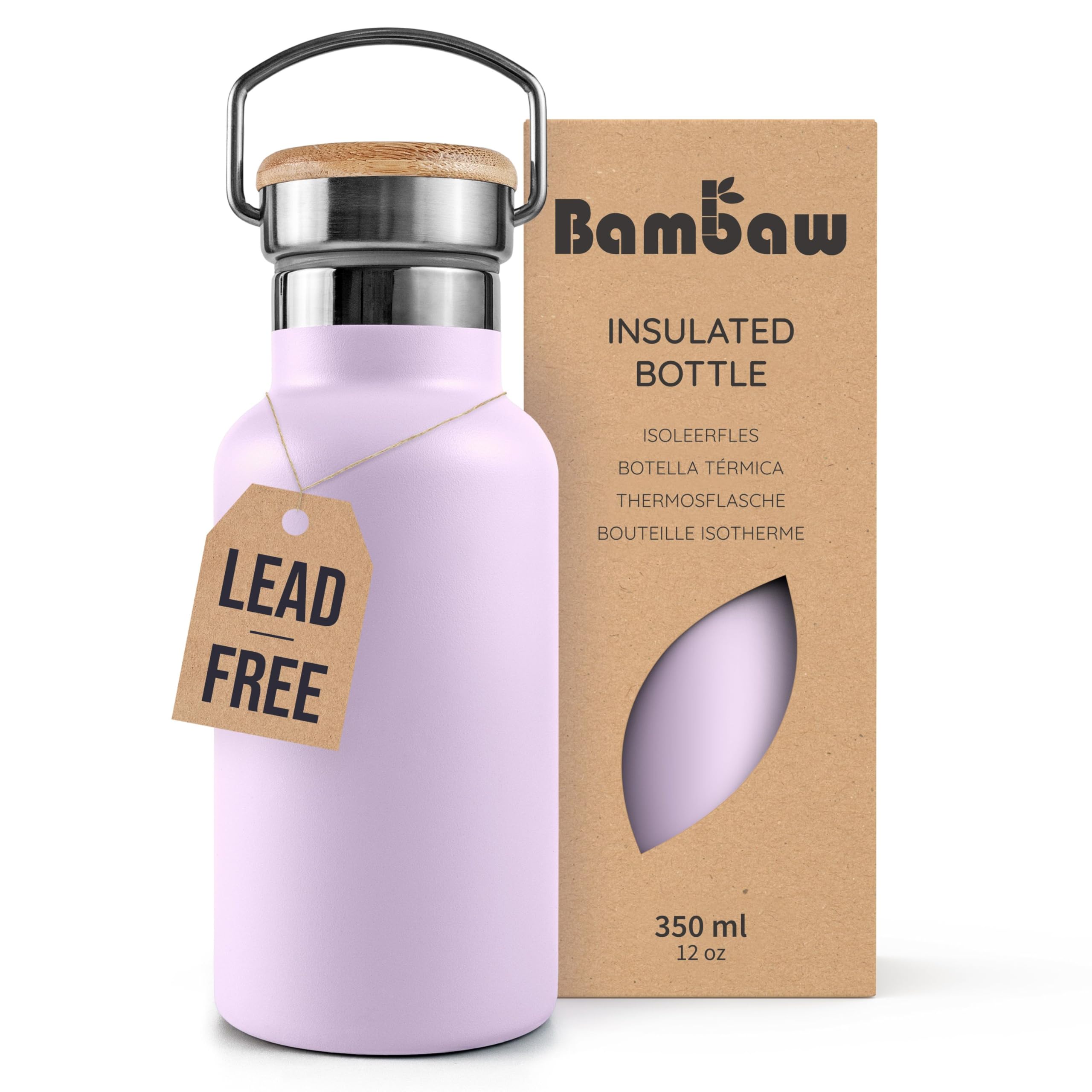 Bambaw High-Grade Stainless Steel Water Bottle 350ml, Insulated Metal Water Bottle 350ml, Keeps Drinks Hot 12h & Cold 24h, Reusable, Leak-Proof & Sturdy (Lavender Haze)