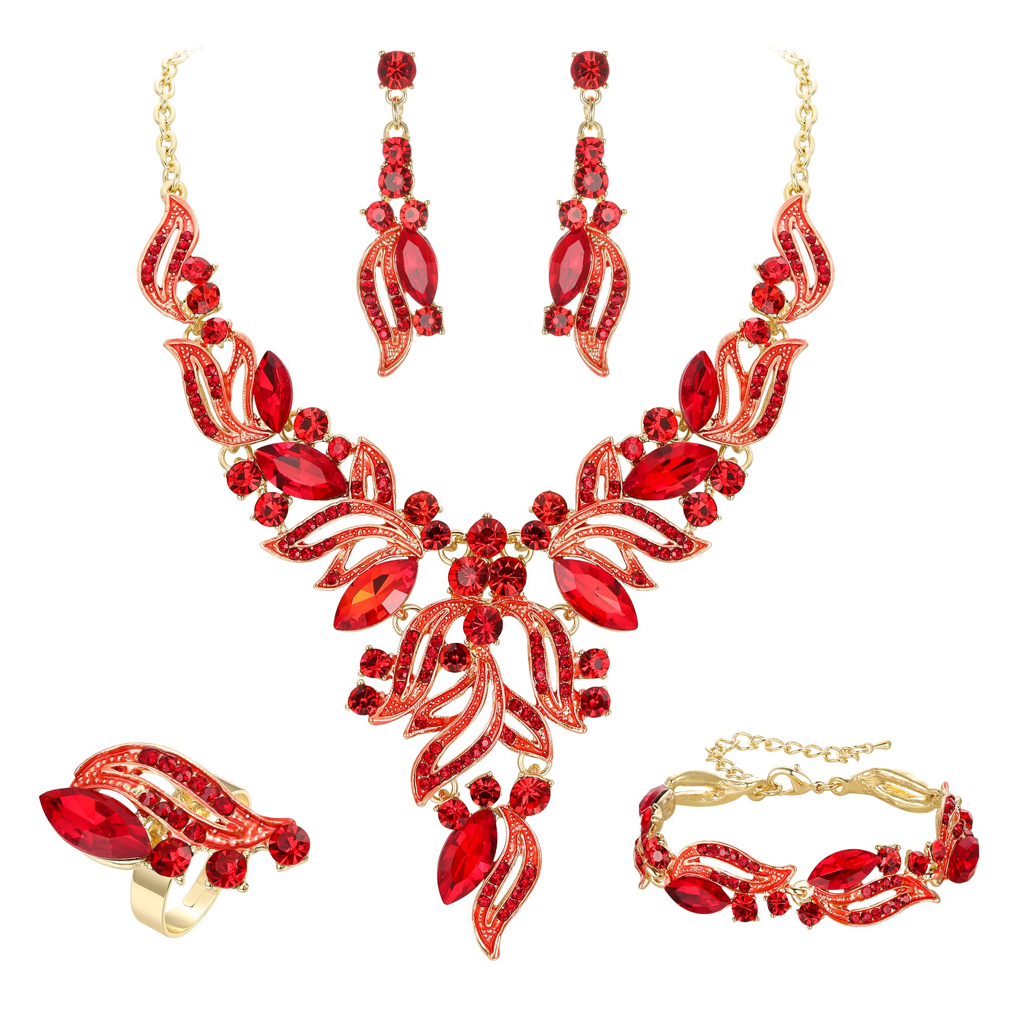 Ever Faith Costume Party Jewelry Art Deco Marquise Sparkly Rhinestone Crystal Y-shaped Necklace Dangle Earrings Bracelet Cuff Ring Set for Prom Red Gold-Tone