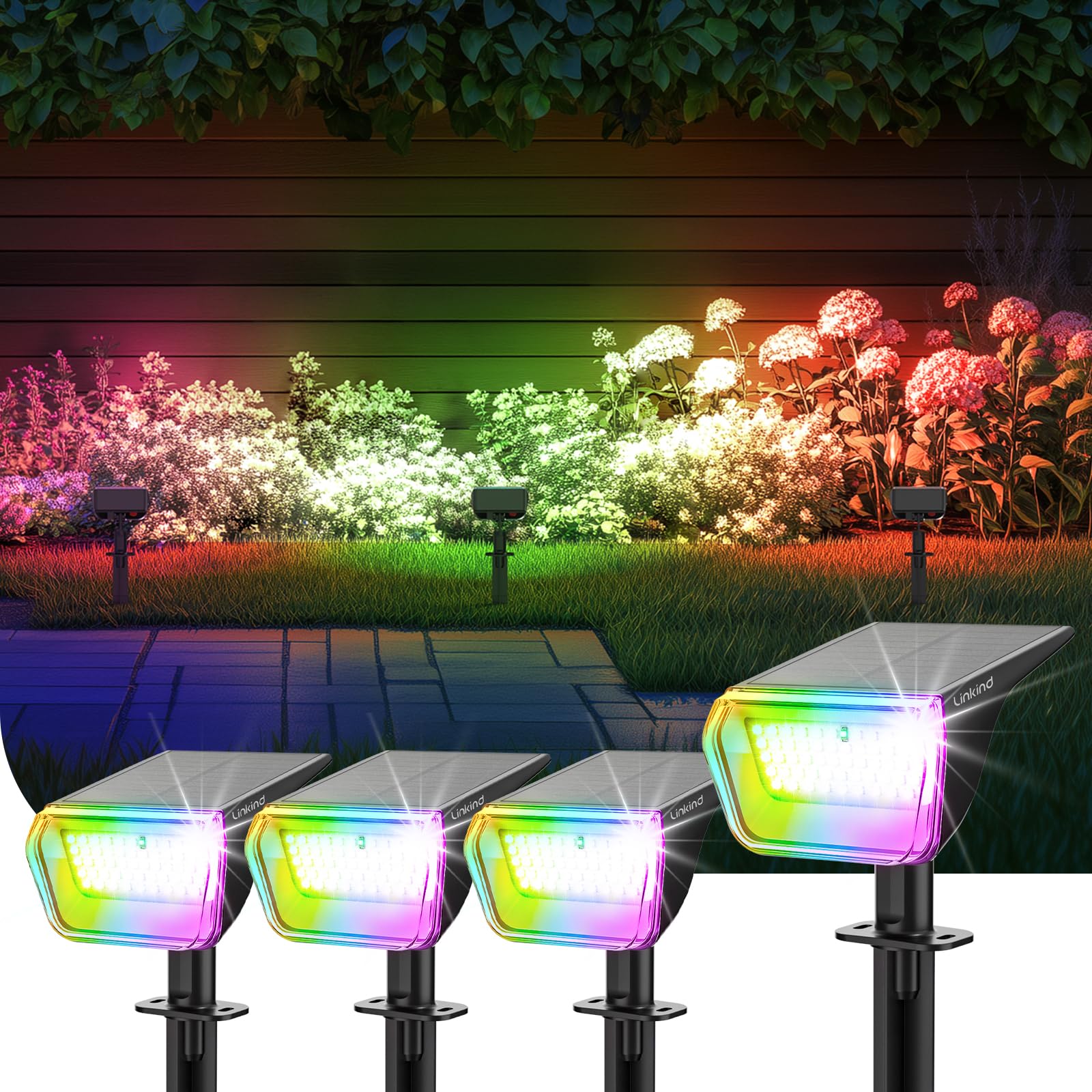 Photo 1 of ***YARD STAKES ONLY *** Linkind RGB Solar Christmas Lights Outdoor Spotlights IP67 Waterproof 10 Lighting Modes Solar Color Changing Lights Outdoor for Yard Garden Landscape Christmas Decorations (Multicolor, 4 Pack)
