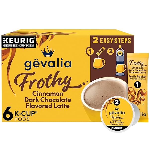 GEVALIA FROTHY 2-STEP CINNAMON DARK CHOCOLATE FLAVORED LATTE ESPRESSO STYLE KEURIG K-CUP COFFEE PODS & FROTH PACKETS KIT, 6 CT BOX