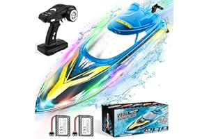 HEXSOLID RC Boat Remote Control Boat for Adults Kids for Pool Lake with 2 Batteries 60Min 30+ KPH Racing Boats 5 Cool LED Lights 3 Speeds Cruise Control Toys for Kids & Adults and Ideal Gifts for Kids