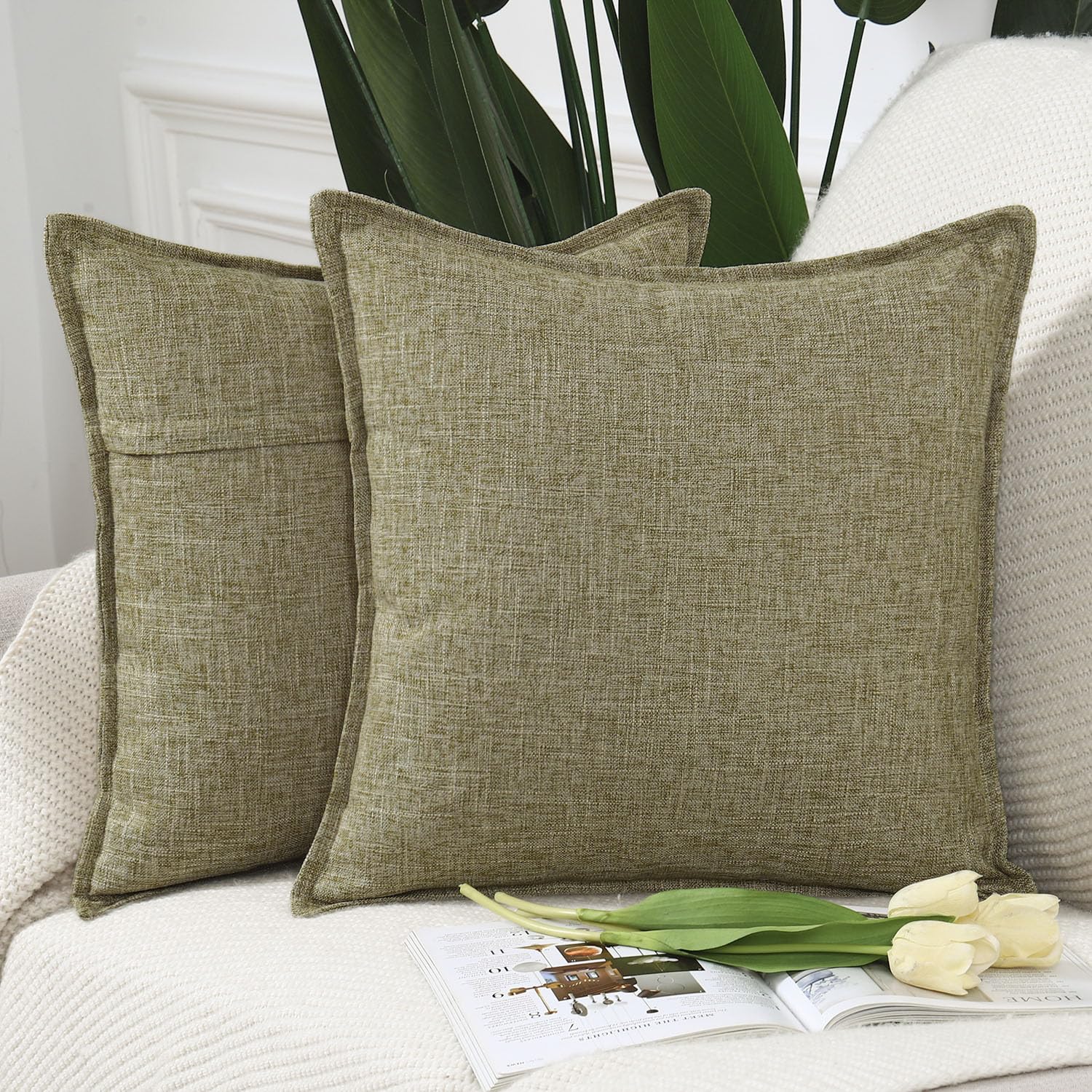 Madizz Set of 2 Faux Linen Cushion Covers 26x26 inch, 65x65 cm, Moss Green Soft Decorative Couch Pillows for Bed Pillowcases for Sofa Livingroom Home Decor
