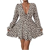 Floerns Women's Plus Size Cheetah Long Sleeve A Line Dresses V Neck Ruffle Hem Party Dress