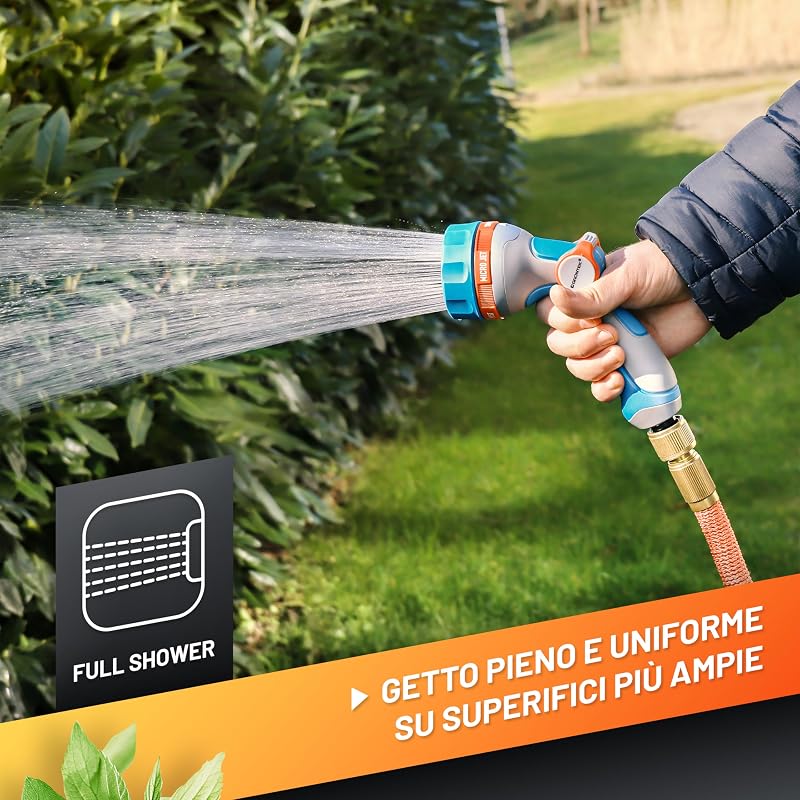 Pistola Acqua Giardino - 5 Tipi di Spruzzi - Pistola per Irrigazione Ultraleggera per Tubo Acqua con Spruzzo Multifunzione x Innaffiare Giardino e Lavaggio Auto. Controllo al Pollice.