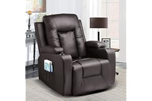 COMHOMA Recliner Chair, PU Rocking Chair for Adults, Swivel Recliner with Cup Holders, Heat and Massage, Single Sofa Seat with Side Pockets for Living Room, Bedroom (Brown)