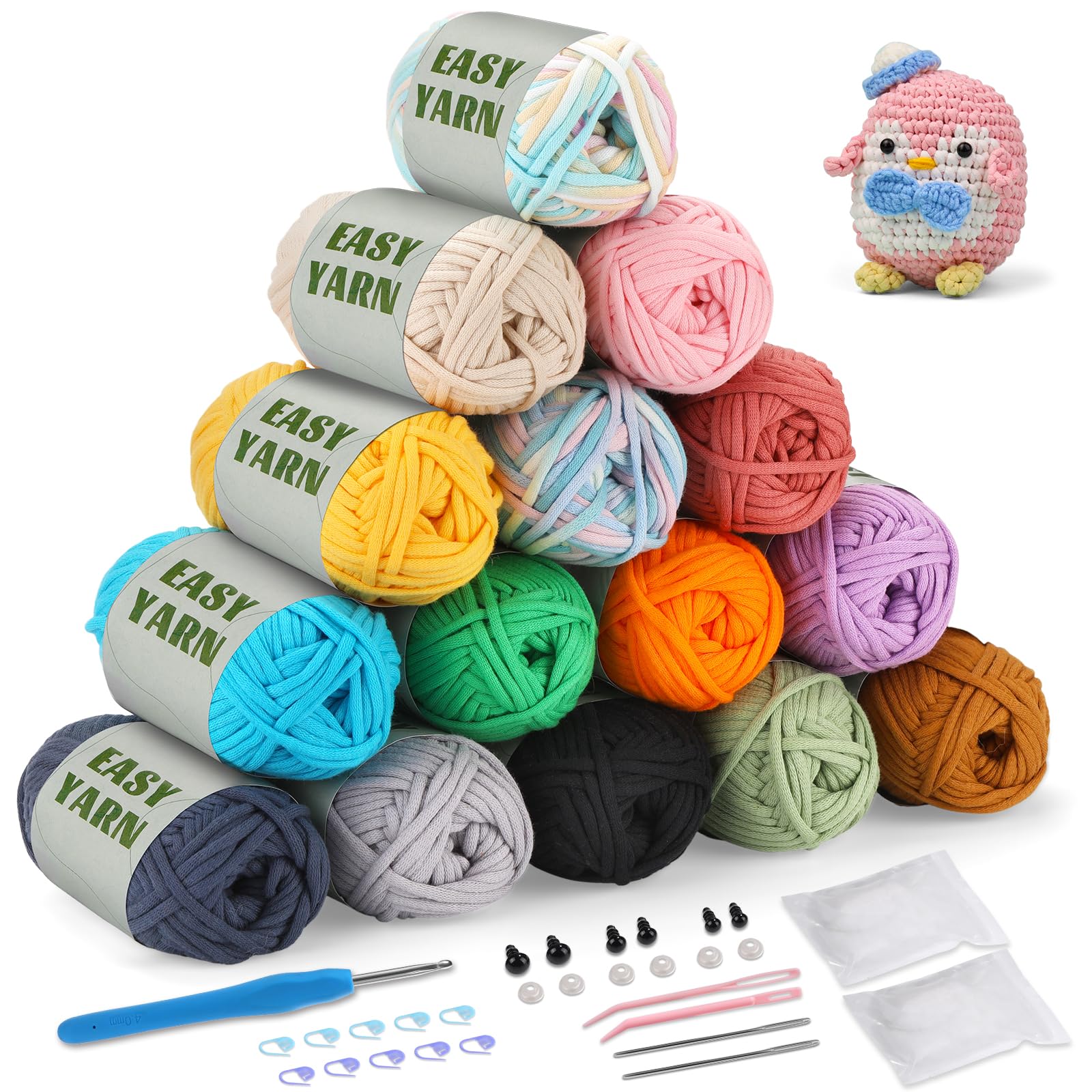 15x50g Crochet Yarn Chunky Yarn for Crochet, Easy Cotton Yarn for Crochets with 4mm Hook Easy-to-See Stitches, Stitch Markers, Easy Crochet Starter Kit for Beginners