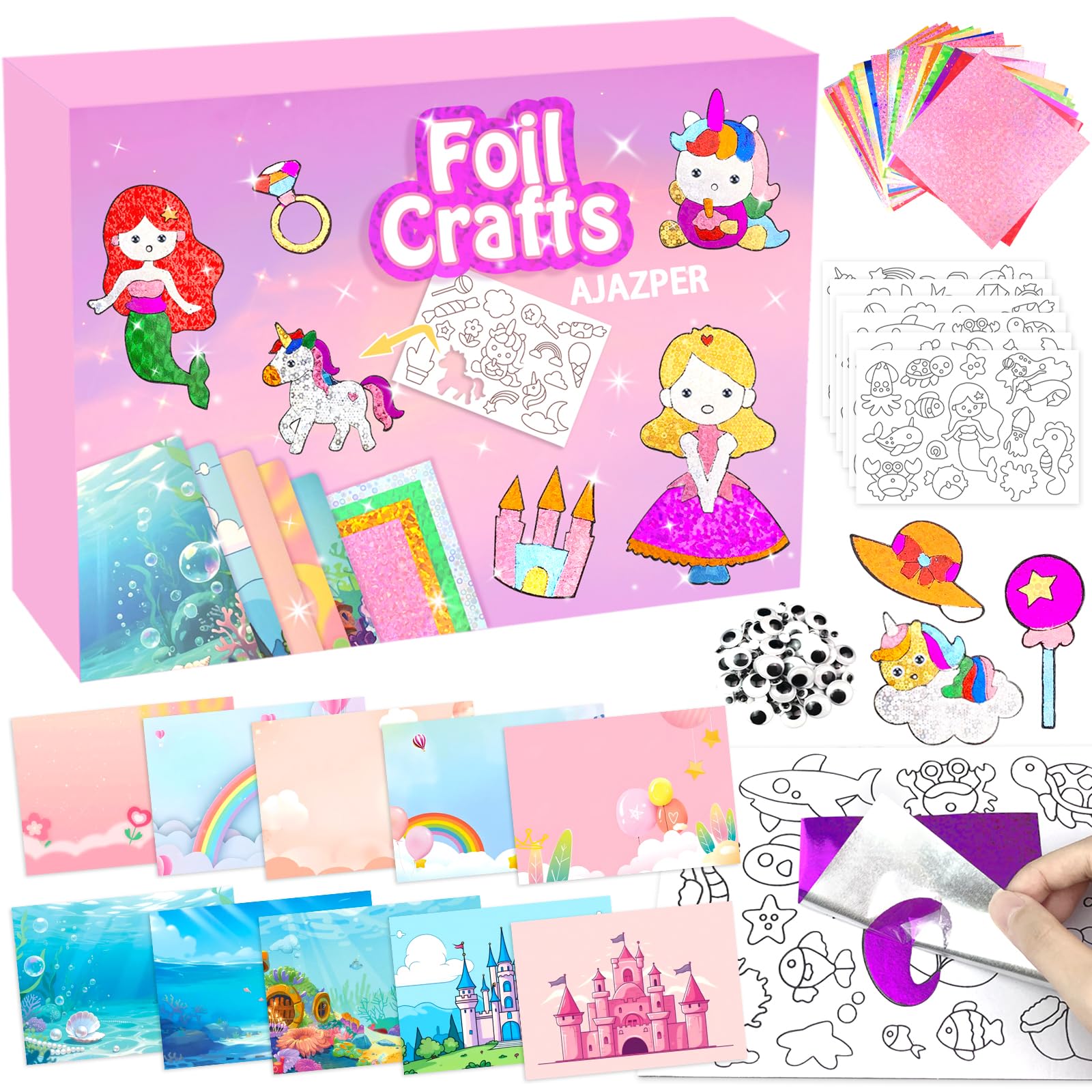 AJAZPER Foil Crafts for Kids, Arts Kit for Kids, Art & Craft Supplies Kits, DIY Creative Activity Travel Toy Gift, Ideal Birthday Christmas Party Favor Gifts for Girls Boys Ages 4+ (Pink) — image 1