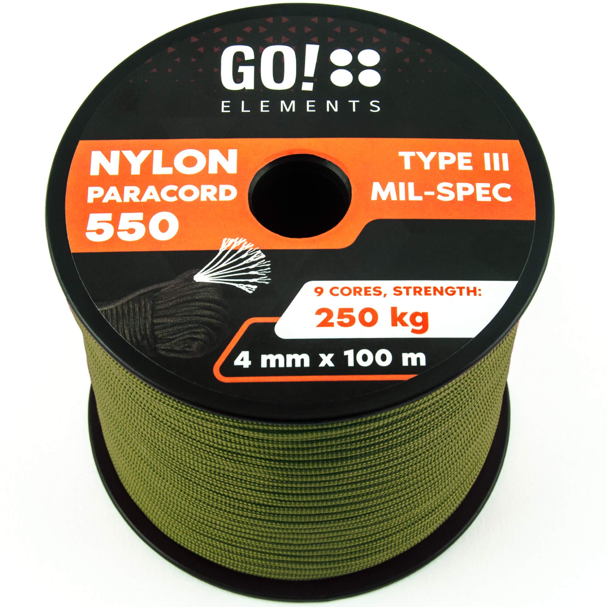 GO!elements 100m Paracord made of Nylon Rope - 4mm Paracord 550 Type III - suitable as Drawstring Cord, Washing Line Rope, etc. | Max. 250kg, Color:Olive