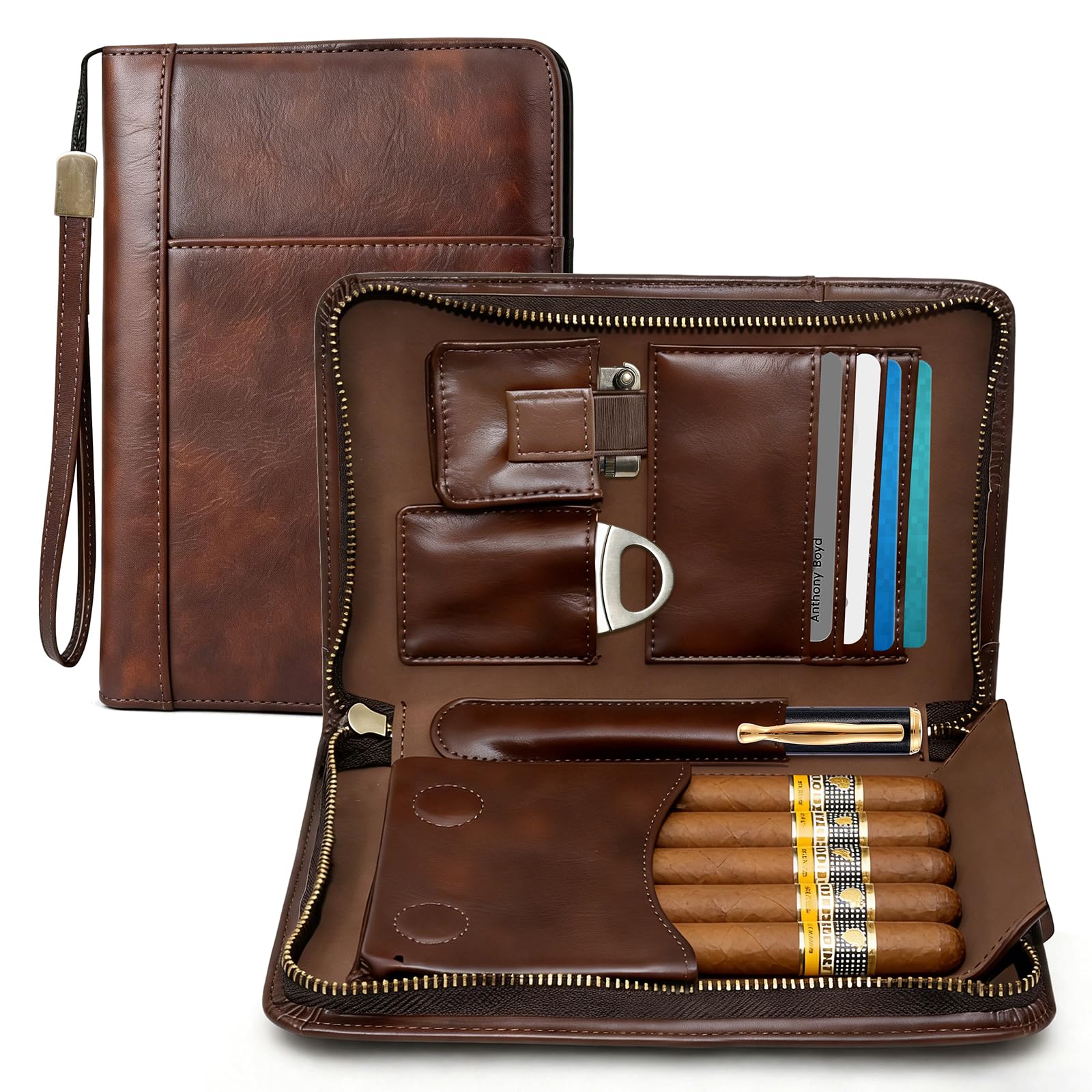 Travel Cigar Humidor, Handmade Crazy Horse Leather Cigar Case for Men, Portable Cigar Box Holds 5 Cigars with Phone & Lighter Pockets, Ideal Gift for Cigar Lovers - Brown