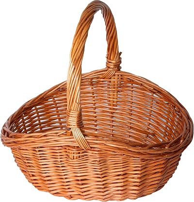 Green Leaves Oval Traditional Wicker Basket Medium High Handle Storage
