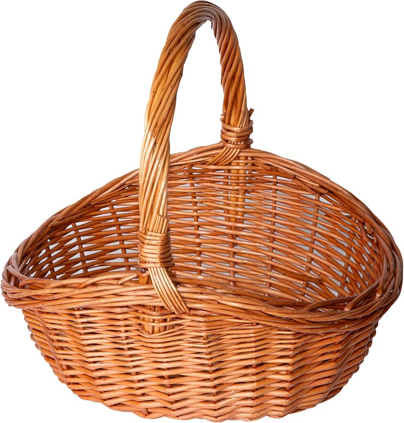 Green Leaves Oval Traditional Wicker Basket Medium High Handle Storage
