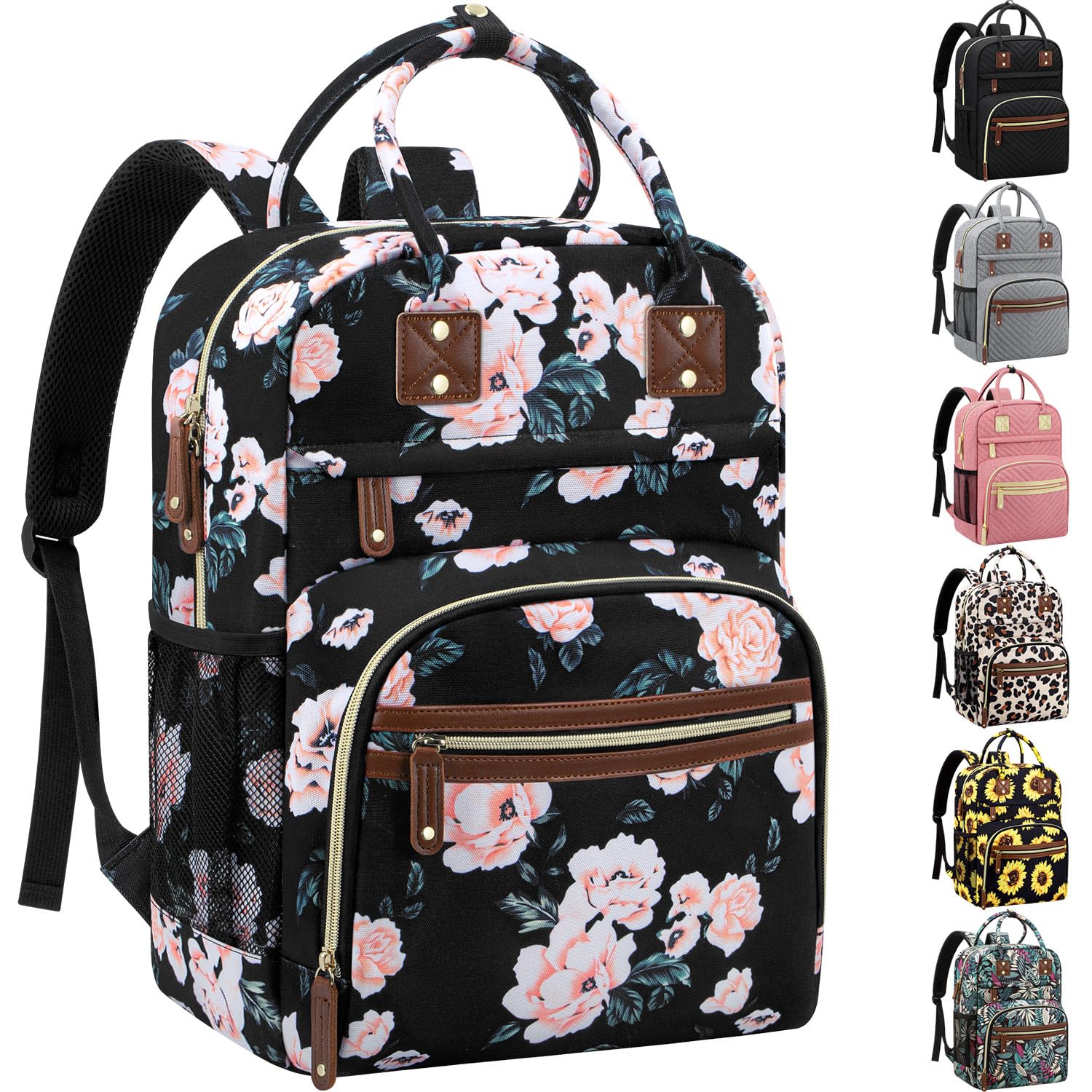 Photo 1 of Diaper Bag Backpack Tote for Women Large Capacity with Insulated Pockets Multifunctional Diaper Bags For Baby Girl Boy Waterproof Baby Bags, Maternity Bag Black Pink Floral