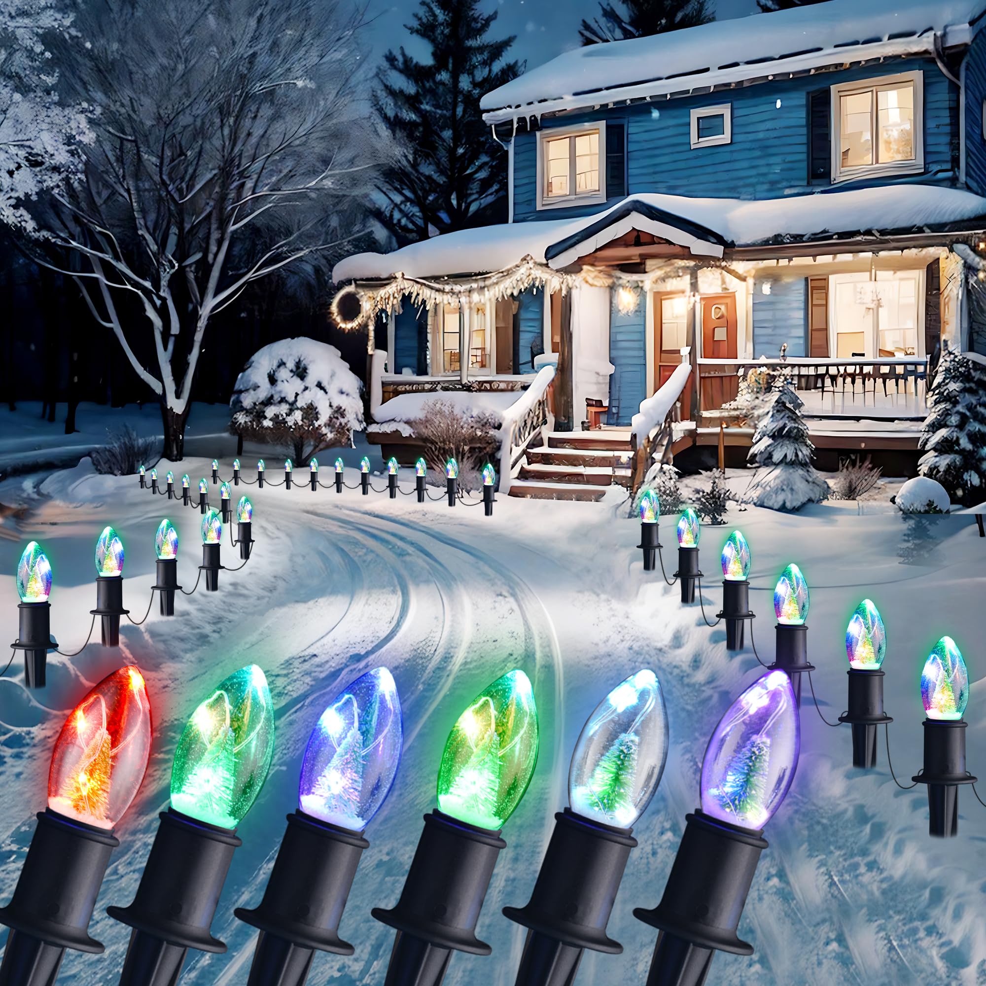 Photo 1 of 24Ft Color-Changing C9 Christmas Pathway Lights Outdoor - 20 LED Mini Tree Christmas Lights with 20 Marker Stakes, Plug in Connectable Sidewalk light for Driveway, Walkway, Yard Decorations Xmas Decor
