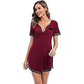 Yukiuiny Women's Loose Fit Sleep Dresses Short Sleeve Lace Trim Pockets Multiple Colors Sizes
