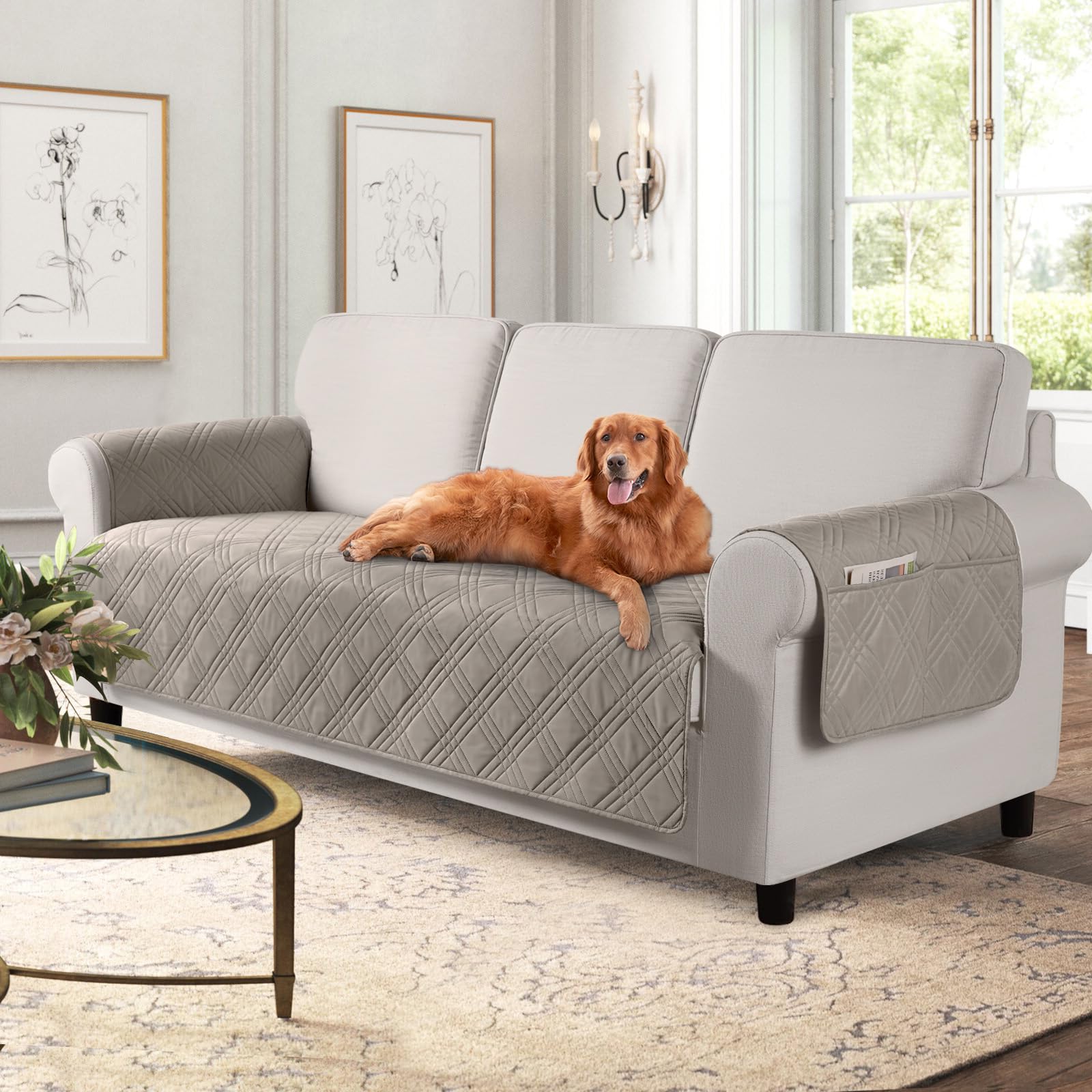 Photo 1 of TAOCOCO Waterproof Couch Covers for Pets Dogs with Non Slip Backing, Sofa Seat Covers with Side Pocket for 3 Cushion Couch Washable Dog Couch Cover Protector Sofa Slipcovers(Sofa, Light Brown)