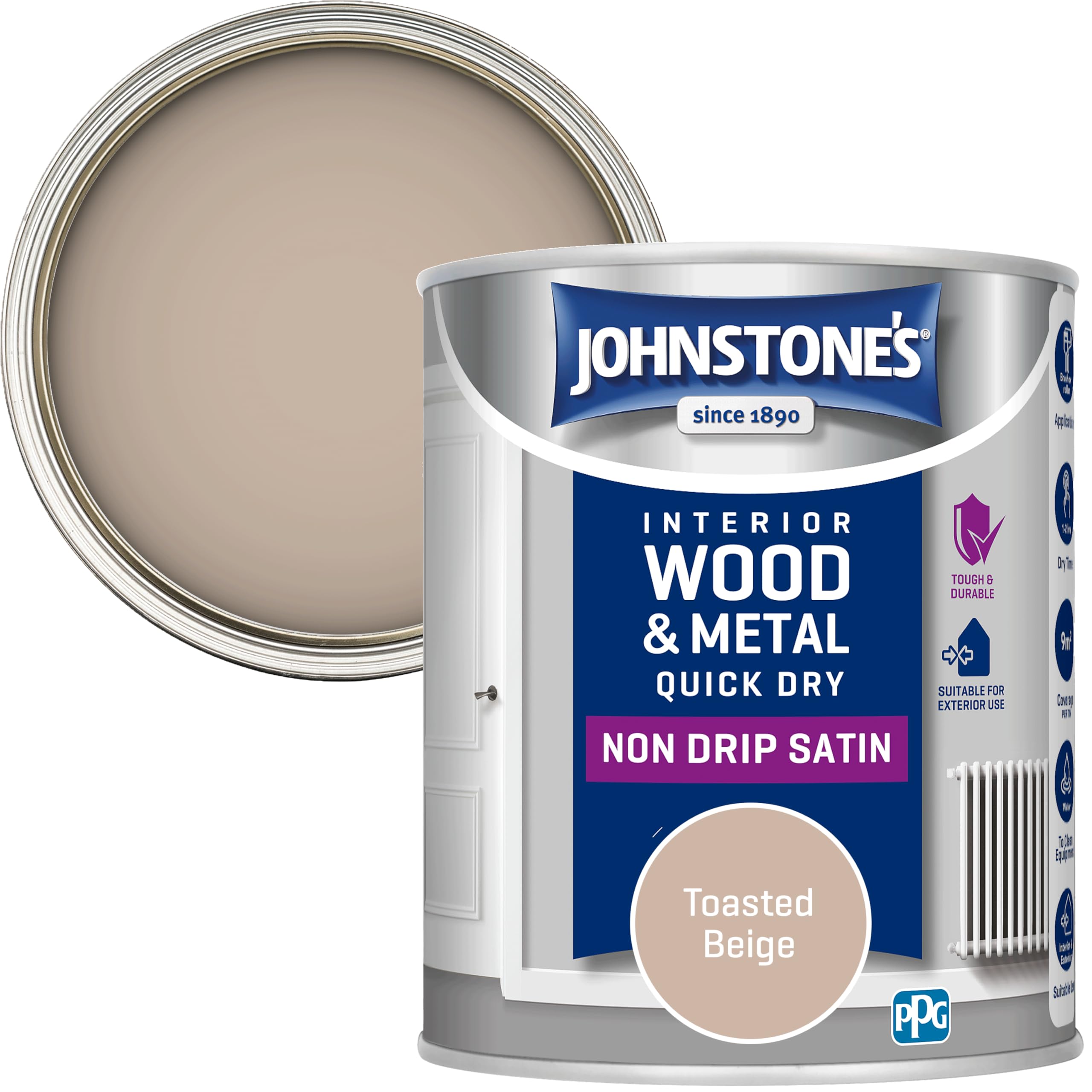 Johnstone's - Wood & Metal Paint - Satin Finish - Toasted Beige - 750ml - Water Based - Non Drip & Quick Drying - Radiator Paint - Low Odour - Dry in 1-2 Hours - 8m2 Coverage per Litre