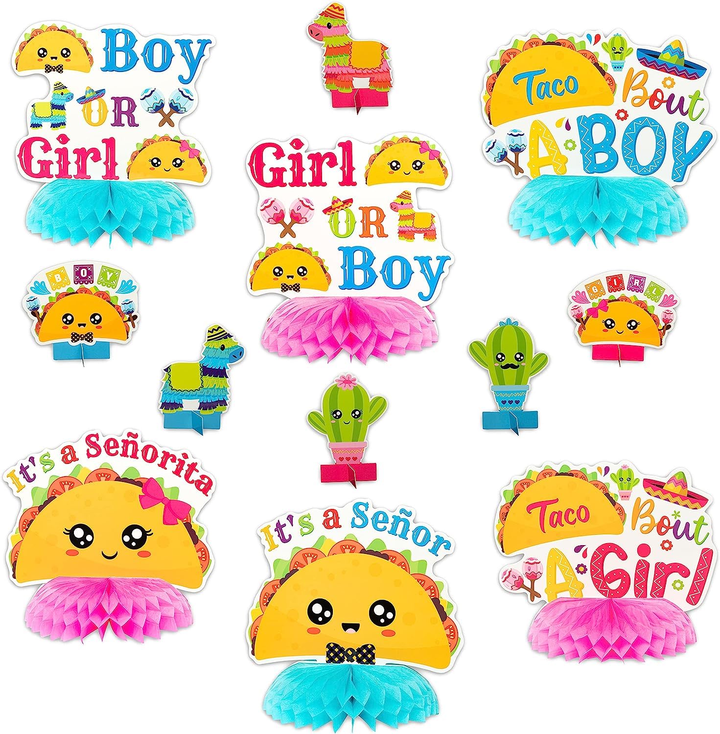 Haooryx 12Pcs Taco Bout a Baby Gender Reveal Honeycomb Centerpiece Mexican Cinco De Mayo Theme Fiesta Party Table Topper Decoration for Boy or Girl Baby Shower He or She Gender Reveal Party Supplies