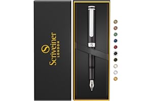 Scriveiner Luxury EDC Fountain Pen (Fine), Stunning Matt Black Pocket Pen, Chrome Finish, Schmidt German Nib, Converter, Best Writing Pen Gift Set for Men & Women, Nice Fancy Office Designer Pen