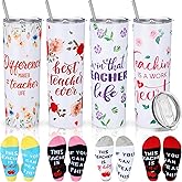 meekoo 4 Sets Valentine Teacher Gifts for Women Men Teacher Appreciation Gifts 20 oz Stainless Steel Insulated Water Tumbler with Lid Straw Brush and Funny Teachers Socks If You Can Read This(Flower)