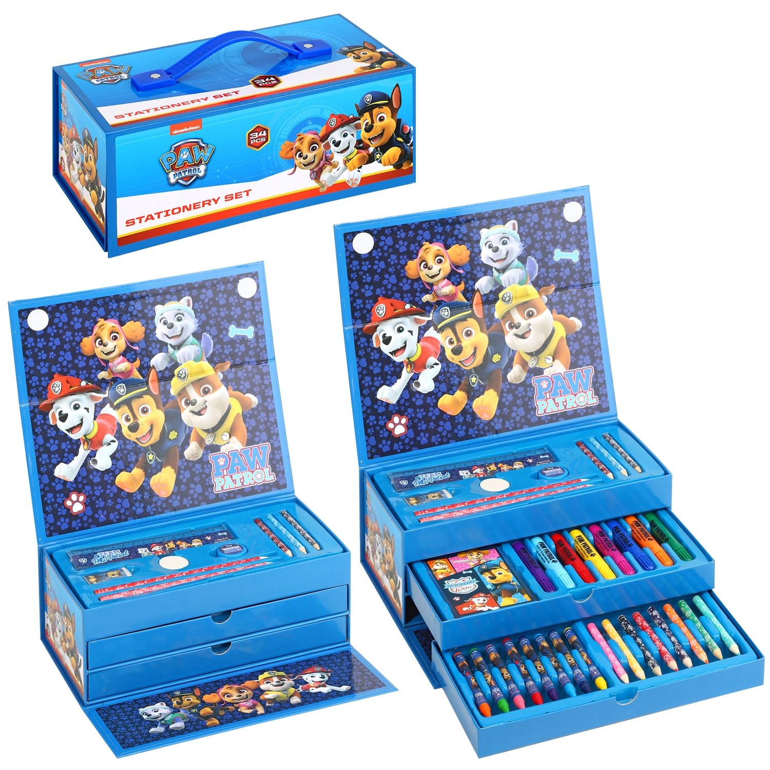Paw Patrol Kids 34pc Colouring Art Stationery Set with Watercolour Felt Tip Pens Crayons and Pencils Travel Set for Children