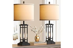 ROTTOGOON 27.5 Tall Farmhouse Table Lamps with USB C + USB A Charge Ports, Rustic Living Room Lamps Set of 2, Black Industrial End Table Lamp for Bedroom Living Room Nightstand (Black)