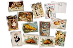 Hill Valley Greetings Antique Thanksgiving Dinner Post Cards - 24 Vintage Thanksgiving Postcards - Assorted Retro Thanksgiving Cards Printed on Vintage Textured Style Cardstock