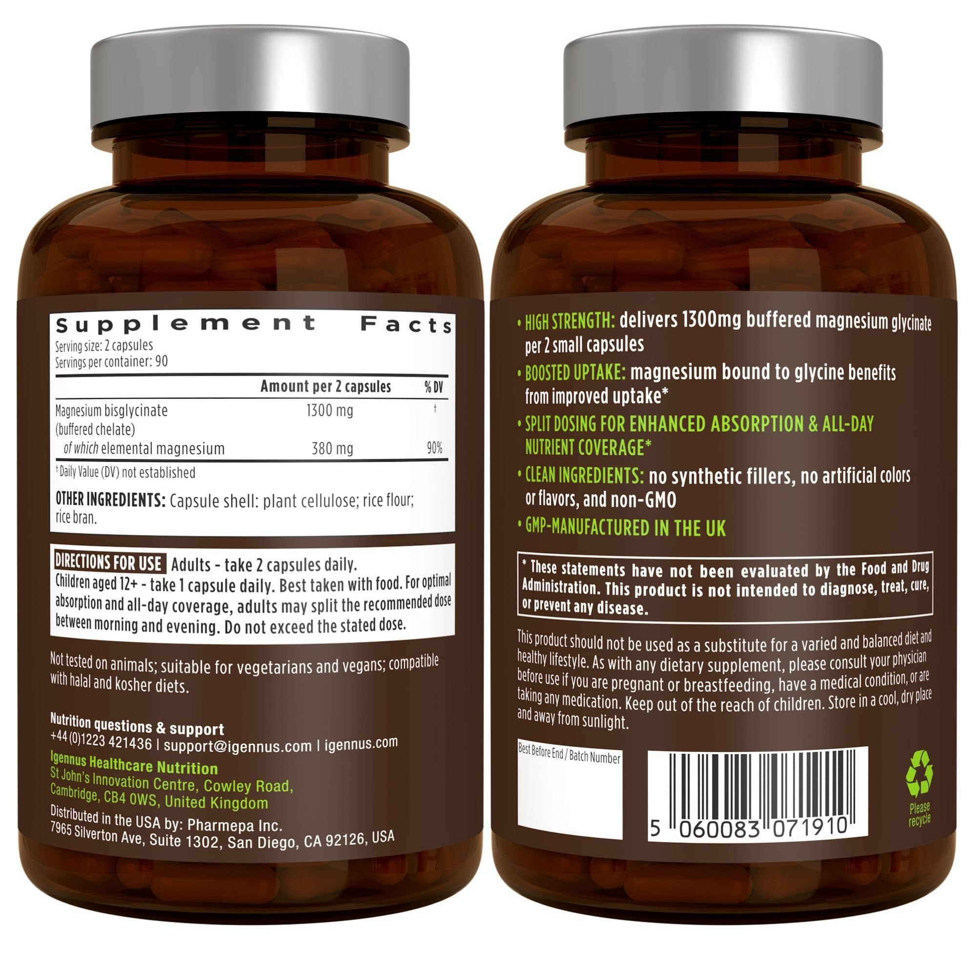 Igennus Highest Strength Chelated Magnesium Glycinate 1300mg, 380mg Elemental, 90 Servings, Pure & Clean Buffered Magnesium Bisglycinate, Vegan, 180 Capsules