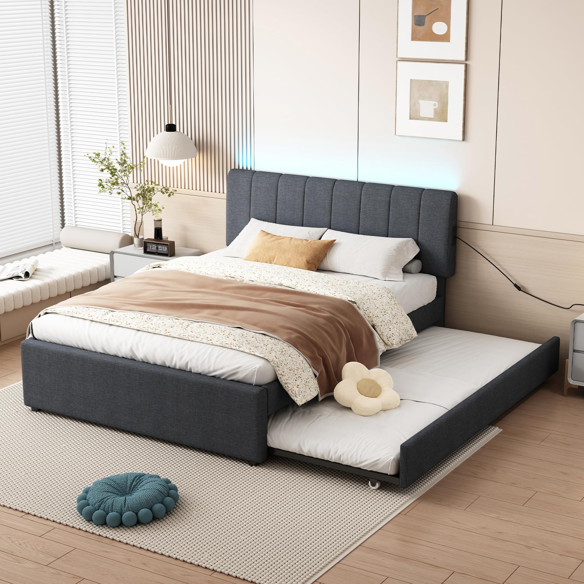 Photo 1 of ***CHECK CLERK NOTES*** Ball & Cast Full Size Upholstered Platform Bed with Twin-Size Trundle & USB Port,Linen Tufted Wood Bedframe W/Remote Control LED Light & Stripe Headboard,Bedroom Furniture for Apartment,Dark Gray