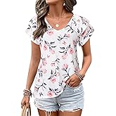 VahRuta Womens Summer Boho Clothes Flowy Tops Floral Shirts V Neck Loose Fit Casual Short Sleeve