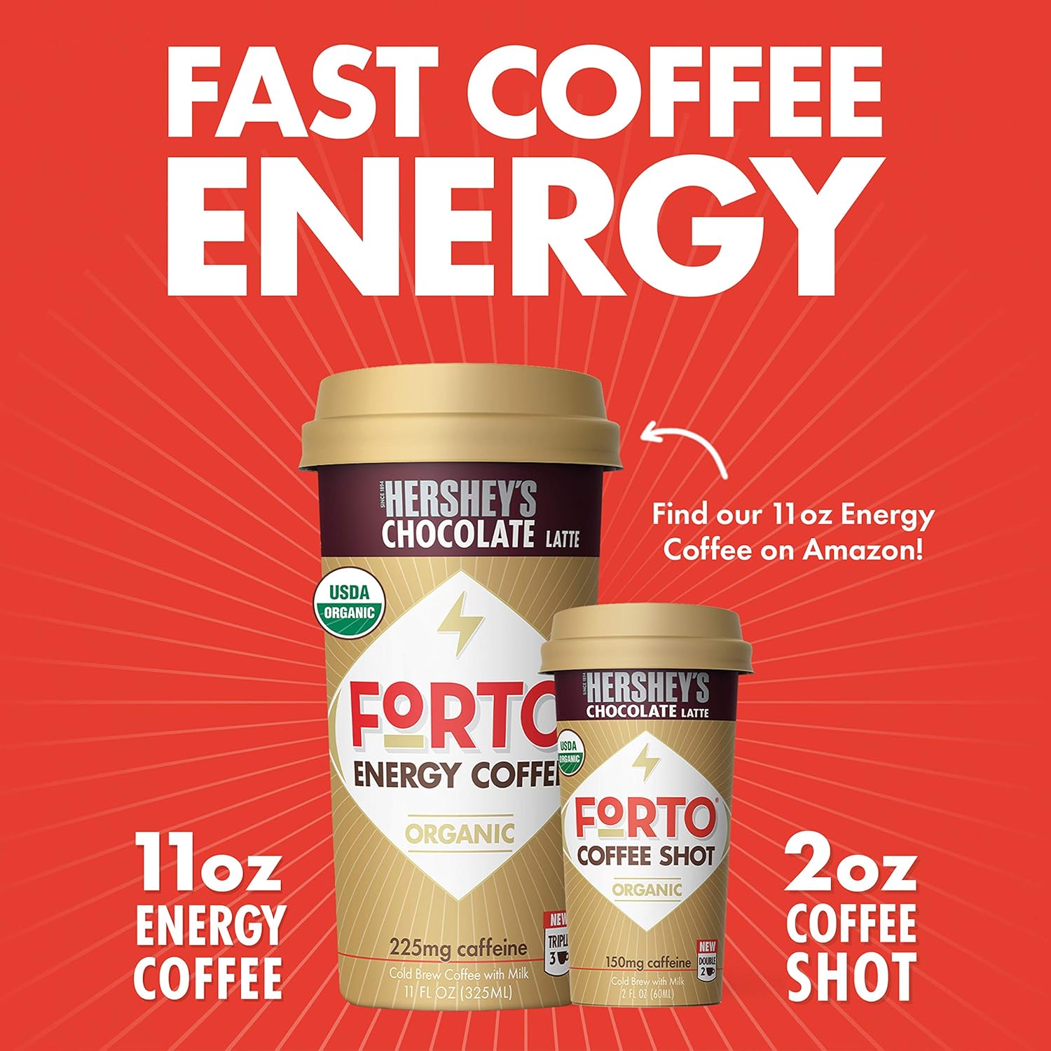 FORTO Coffee Shots - Hershey's Latte, Ready-to-Drink on the go, High Energy Cold Brew Coffee - Fast Coffee Energy Boost, 2 Fl Oz, Pack of 6 : Grocery & Gourmet Food