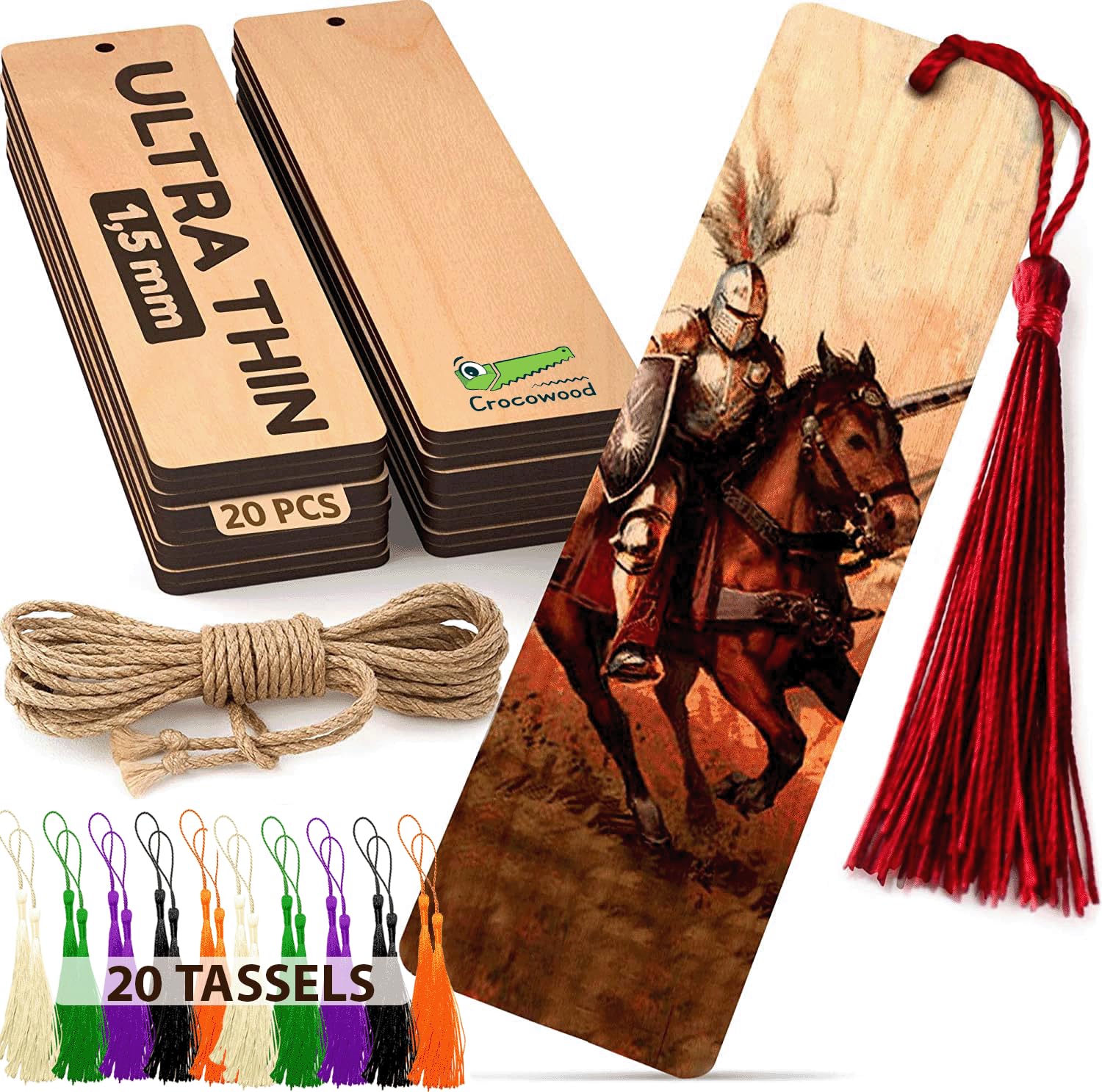 Crocowood 20 PCs Wooden Bookmarks with Rope Made in Europe - Extra Thin 1,5 mm Unfinished Wood Hanging Tags with Random Colour Gift Tags Tassels Crafts - Use Wood Bookmarks as Wedding Name Gift Tags